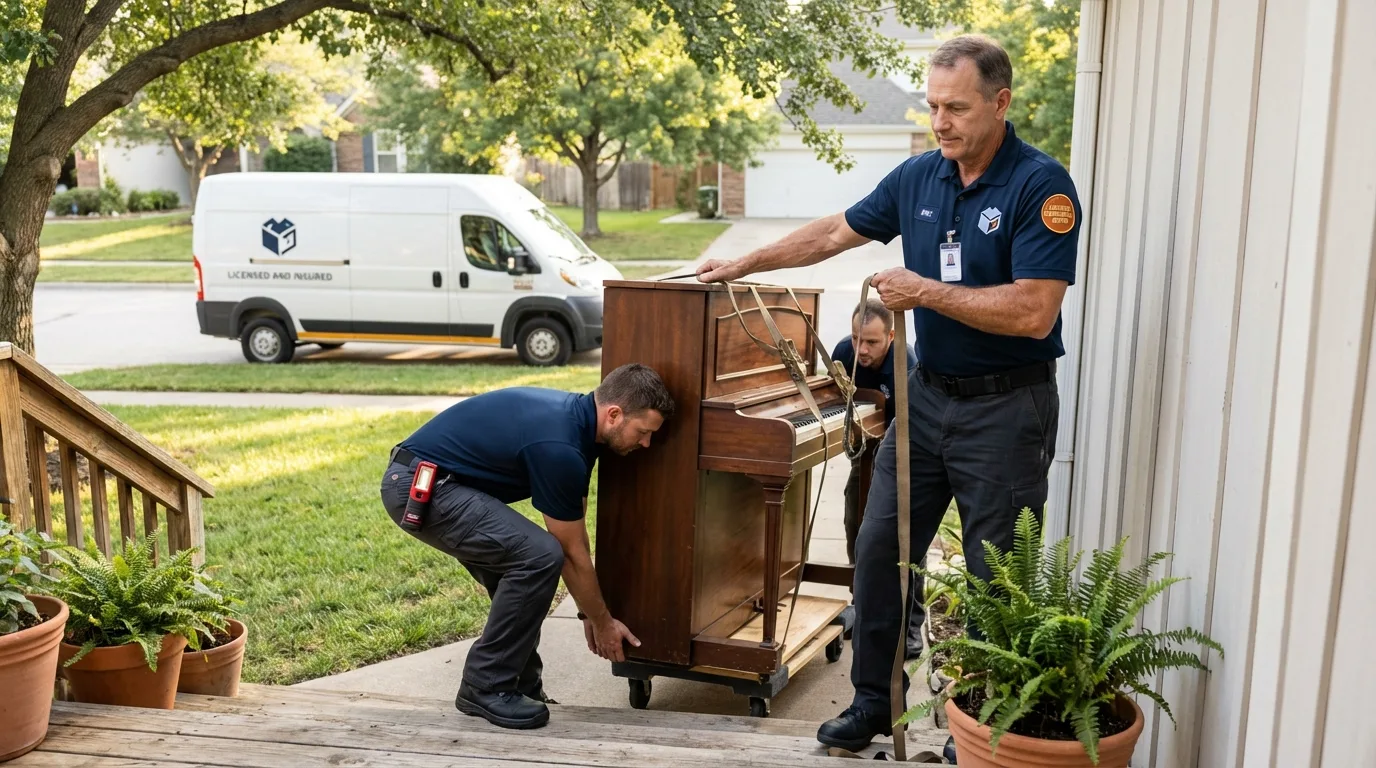 Licensed piano movers securing grand piano in Vermillion, SD